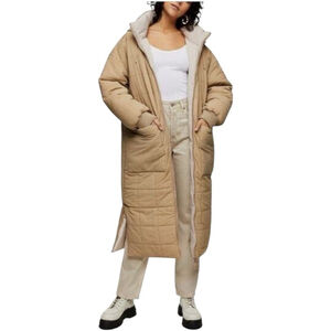 TOPSHOP Women’s Reversible Long Puffer Winter Coat with Hood In Cream US 12